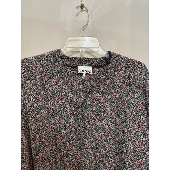 Ganni Blouse Long Sleeve Crepe Floral Print V Neck Top Sz EU34/ US2 Oversized - Picture 6 of 9